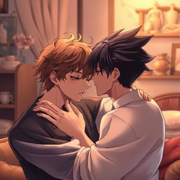 An anime style illustration featuring a handsome anime boy with tousled brown hair passionately engaging with another man with striking black hair styled back