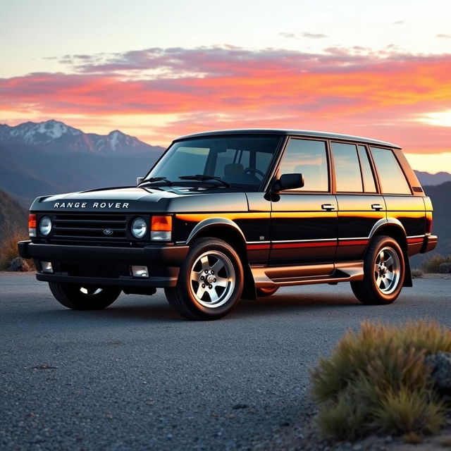 A stunning Range Rover Classic depicted as a muscle car, showcasing its powerful stance with an aggressive front grille and bold wheel arches