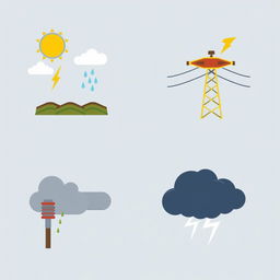 A collection of vector icons designed for an academic presentation in a Bachelor of Science in Electrical and Electronics Engineering (EEE), focusing on climate, aging transmission lines, and storms