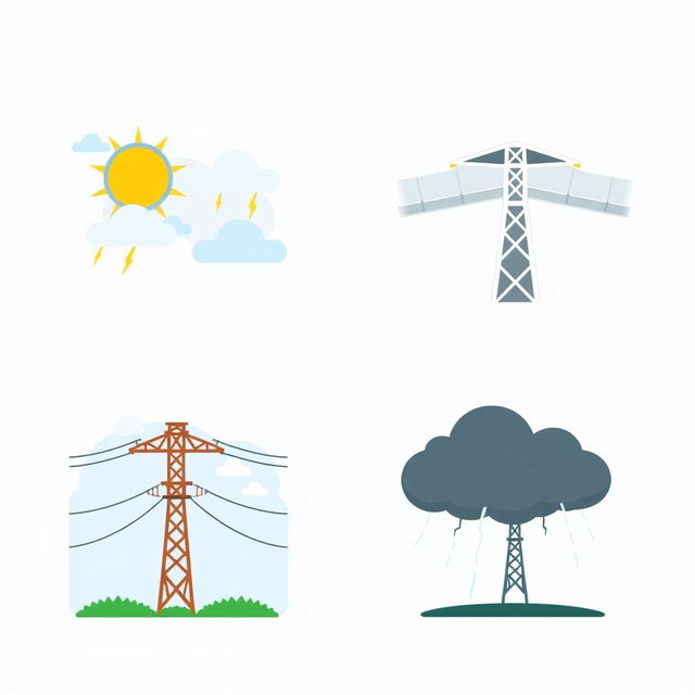 A collection of vector icons designed for an academic presentation in a Bachelor of Science in Electrical and Electronics Engineering (EEE), focusing on climate, aging transmission lines, and storms