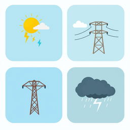 A collection of vector icons designed for an academic presentation in a Bachelor of Science in Electrical and Electronics Engineering (EEE), focusing on climate, aging transmission lines, and storms