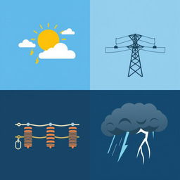 A collection of vector icons designed for an academic presentation in a Bachelor of Science in Electrical and Electronics Engineering (EEE), focusing on climate, aging transmission lines, and storms