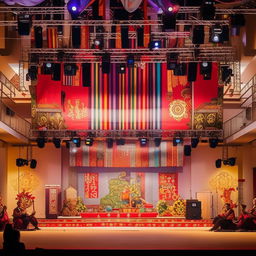 A vibrant college stage richly decorated with traditional elements and symbols. The atmosphere is lively and full of cultural appreciation.