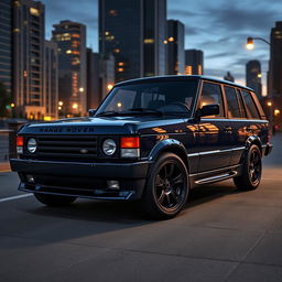 A realistic depiction of a Range Rover Classic transformed into a muscle car, featuring a robust exterior with an imposing front grille and wide wheel arches