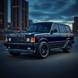 A realistic depiction of a Range Rover Classic transformed into a muscle car, featuring a robust exterior with an imposing front grille and wide wheel arches