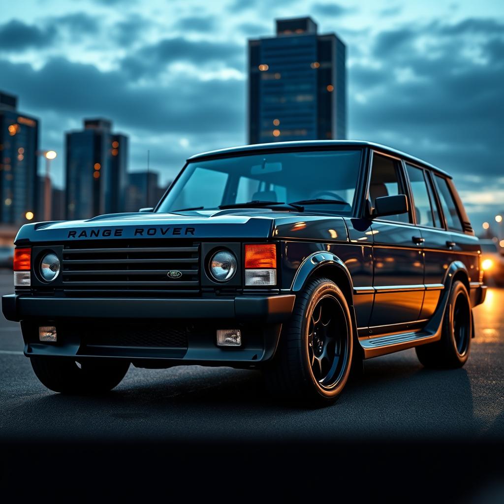 A realistic depiction of a Range Rover Classic transformed into a muscle car, featuring a robust exterior with an imposing front grille and wide wheel arches