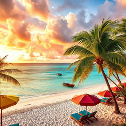 A tropical paradise scene featuring a stunning white sand beach with crystal clear turquoise waters, lush green palm trees swaying gently in the breeze, and a vibrant sunset casting golden hues over the horizon