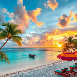 A tropical paradise scene featuring a stunning white sand beach with crystal clear turquoise waters, lush green palm trees swaying gently in the breeze, and a vibrant sunset casting golden hues over the horizon