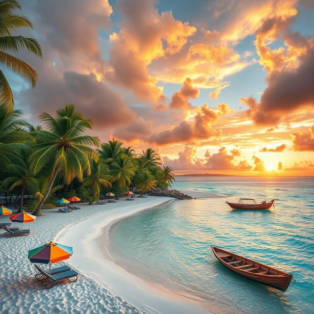 A tropical paradise scene featuring a stunning white sand beach with crystal clear turquoise waters, lush green palm trees swaying gently in the breeze, and a vibrant sunset casting golden hues over the horizon