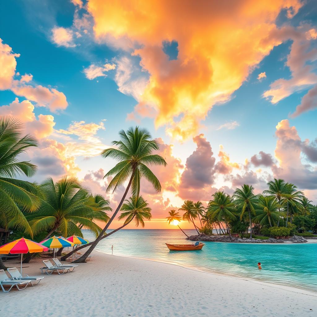 A tropical paradise scene featuring a stunning white sand beach with crystal clear turquoise waters, lush green palm trees swaying gently in the breeze, and a vibrant sunset casting golden hues over the horizon