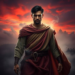 A powerful and solemn depiction of a martyr, showcasing their heroic stance, wearing flowing traditional clothing, surrounded by a misty battlefield