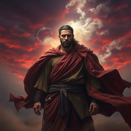A powerful and solemn depiction of a martyr, showcasing their heroic stance, wearing flowing traditional clothing, surrounded by a misty battlefield