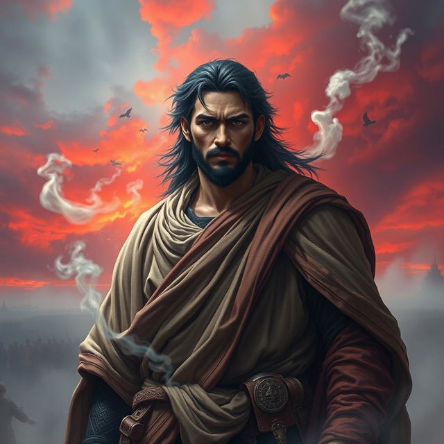 A powerful and solemn depiction of a martyr, showcasing their heroic stance, wearing flowing traditional clothing, surrounded by a misty battlefield