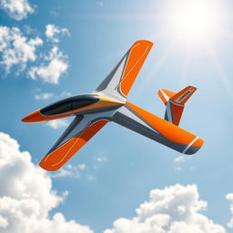 A vividly colored remote control airplane featuring a dynamic design with orange, white, and gray accents