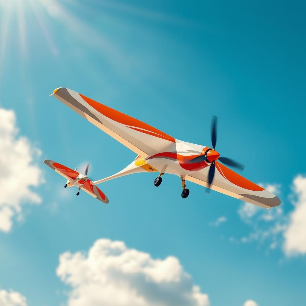 A vividly colored remote control airplane featuring a dynamic design with orange, white, and gray accents