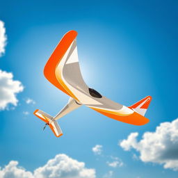 A vividly colored remote control airplane featuring a dynamic design with orange, white, and gray accents