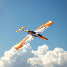 A vividly colored remote control airplane featuring a dynamic design with orange, white, and gray accents
