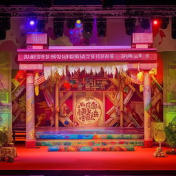 A vibrant college stage richly decorated with traditional elements and symbols. The atmosphere is lively and full of cultural appreciation.