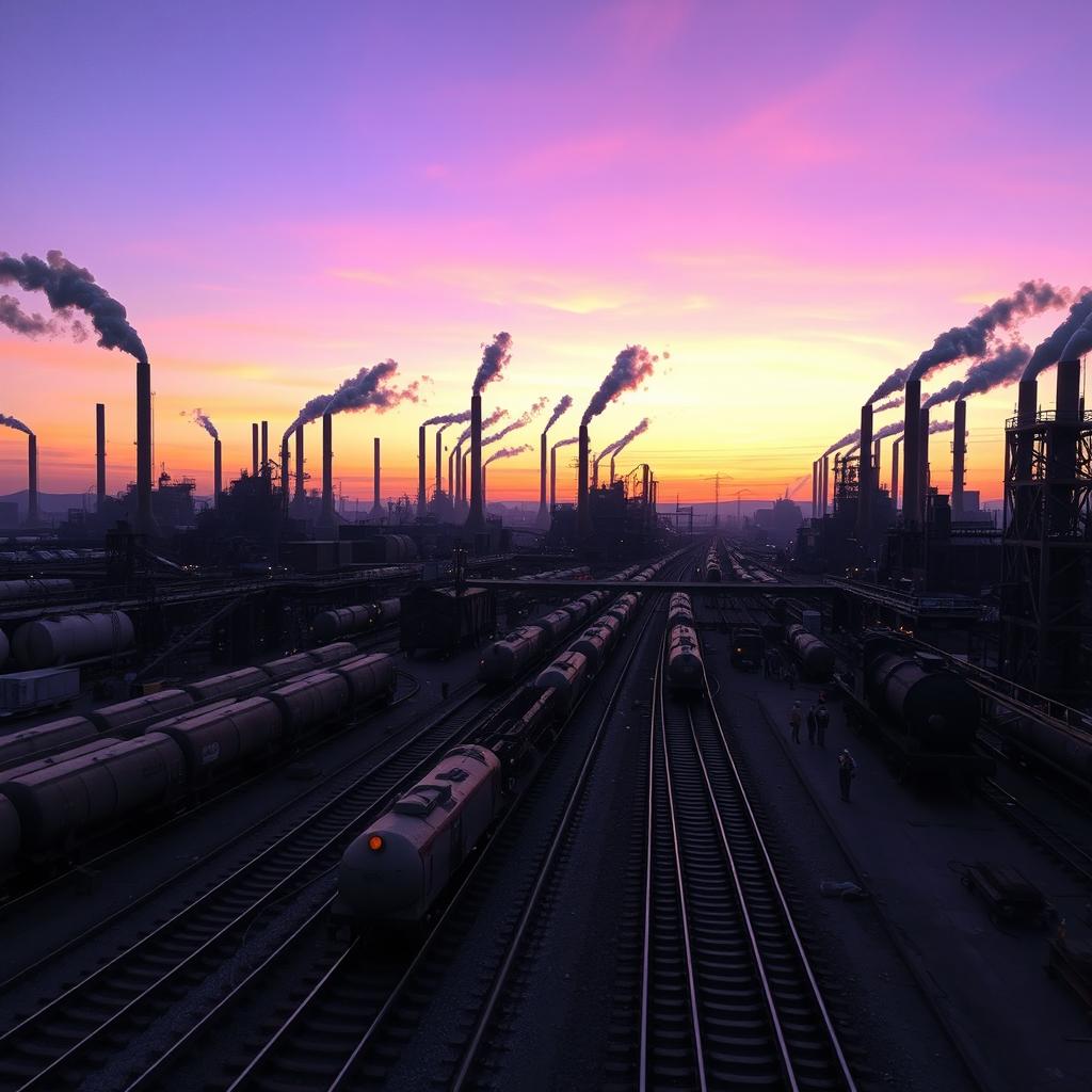 A sprawling industrial landscape showcasing a series of imposing factories and smokestacks releasing puffs of steam and smoke into the sky