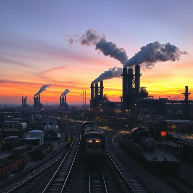 A sprawling industrial landscape showcasing a series of imposing factories and smokestacks releasing puffs of steam and smoke into the sky