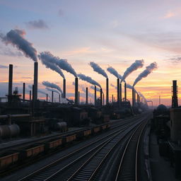 A sprawling industrial landscape showcasing a series of imposing factories and smokestacks releasing puffs of steam and smoke into the sky