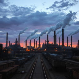 A sprawling industrial landscape showcasing a series of imposing factories and smokestacks releasing puffs of steam and smoke into the sky