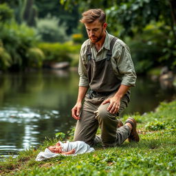 A male gardener dressed in simple work clothes, walking along the edge of a peaceful river in a lush garden