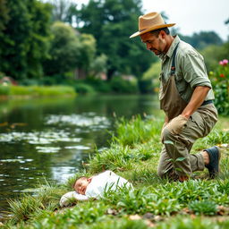 A male gardener dressed in simple work clothes, walking along the edge of a peaceful river in a lush garden
