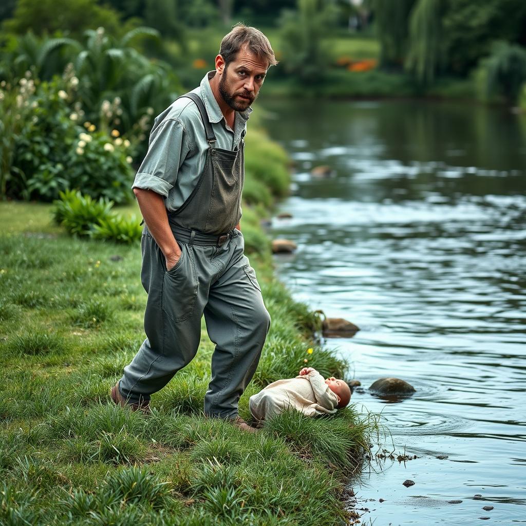 A male gardener dressed in simple work clothes, walking along the edge of a peaceful river in a lush garden