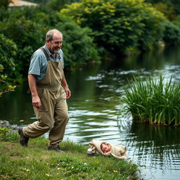 A male gardener dressed in simple work clothes, walking along the edge of a peaceful river in a lush garden