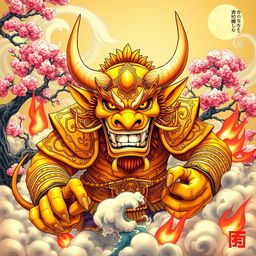 A vibrant, yellow oni (Japanese demon) depicted in a dynamic pose, showcasing intricate, traditional Japanese armor and large, sharp horns
