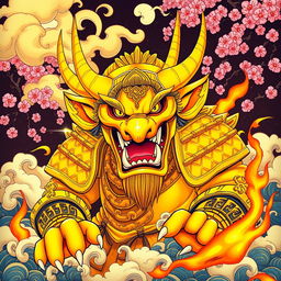 A vibrant, yellow oni (Japanese demon) depicted in a dynamic pose, showcasing intricate, traditional Japanese armor and large, sharp horns