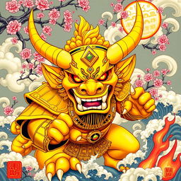 A vibrant, yellow oni (Japanese demon) depicted in a dynamic pose, showcasing intricate, traditional Japanese armor and large, sharp horns