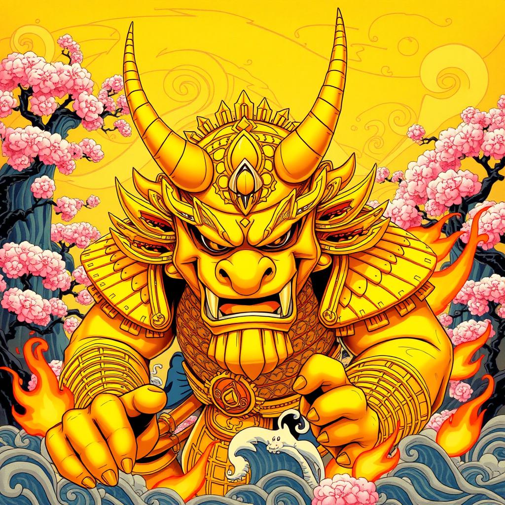 A vibrant, yellow oni (Japanese demon) depicted in a dynamic pose, showcasing intricate, traditional Japanese armor and large, sharp horns