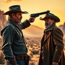 A dramatic scene set in a wild west landscape, depicting a tense confrontation between two rugged men: Arthur Morgan and Dutch Van der Linde, both in full cowboy attire