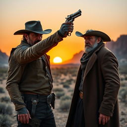 A dramatic scene set in a wild west landscape, depicting a tense confrontation between two rugged men: Arthur Morgan and Dutch Van der Linde, both in full cowboy attire