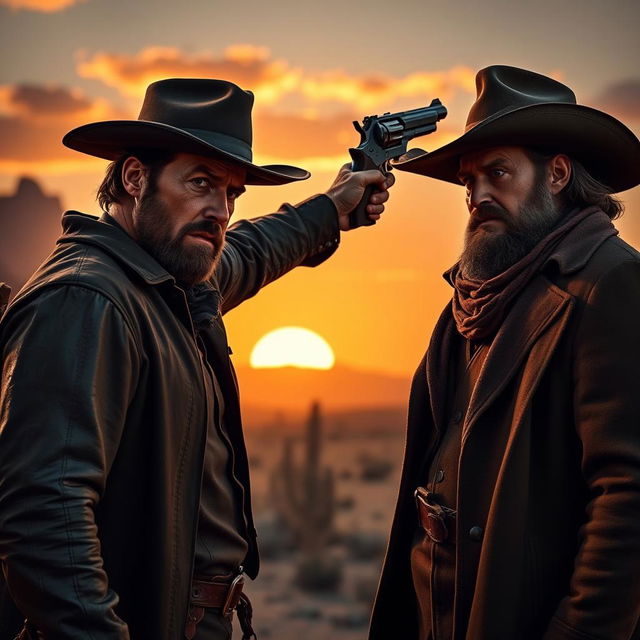 A dramatic scene set in a wild west landscape, depicting a tense confrontation between two rugged men: Arthur Morgan and Dutch Van der Linde, both in full cowboy attire