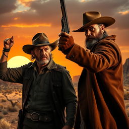 A dramatic scene set in a wild west landscape, depicting a tense confrontation between two rugged men: Arthur Morgan and Dutch Van der Linde, both in full cowboy attire