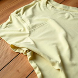 A close-up image of a casual t-shirt on a simple wooden table background, featuring a solid color fabric texture
