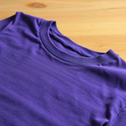 A close-up image of a casual t-shirt on a simple wooden table background, featuring a solid color fabric texture