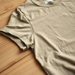 A close-up image of a casual t-shirt on a simple wooden table background, featuring a solid color fabric texture