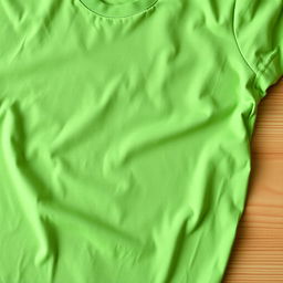 A close-up image of a casual t-shirt on a simple wooden table background, featuring a solid color fabric texture