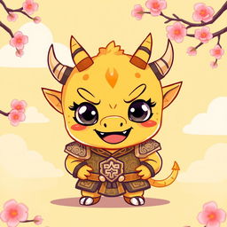 A small yellow oni (Japanese demon) with a cute and playful demeanor, featuring oversized, expressive eyes and tiny, sharp horns
