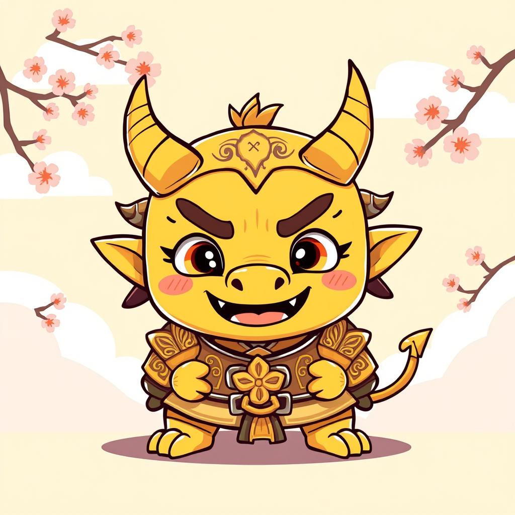 A small yellow oni (Japanese demon) with a cute and playful demeanor, featuring oversized, expressive eyes and tiny, sharp horns