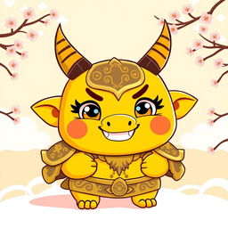 A small yellow oni (Japanese demon) with a cute and playful demeanor, featuring oversized, expressive eyes and tiny, sharp horns