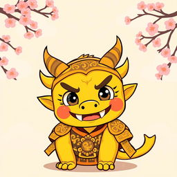 A small yellow oni (Japanese demon) with a cute and playful demeanor, featuring oversized, expressive eyes and tiny, sharp horns