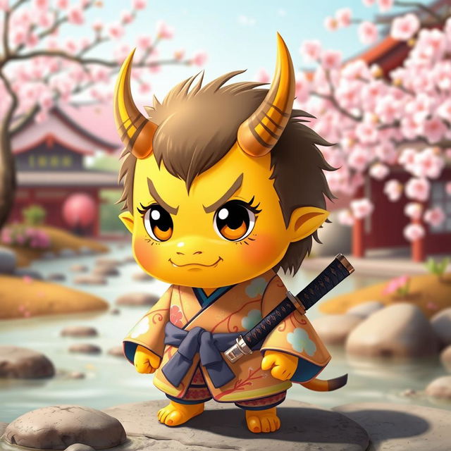 A charming little yellow oni (Japanese demon) with a small stature and an endearing expression