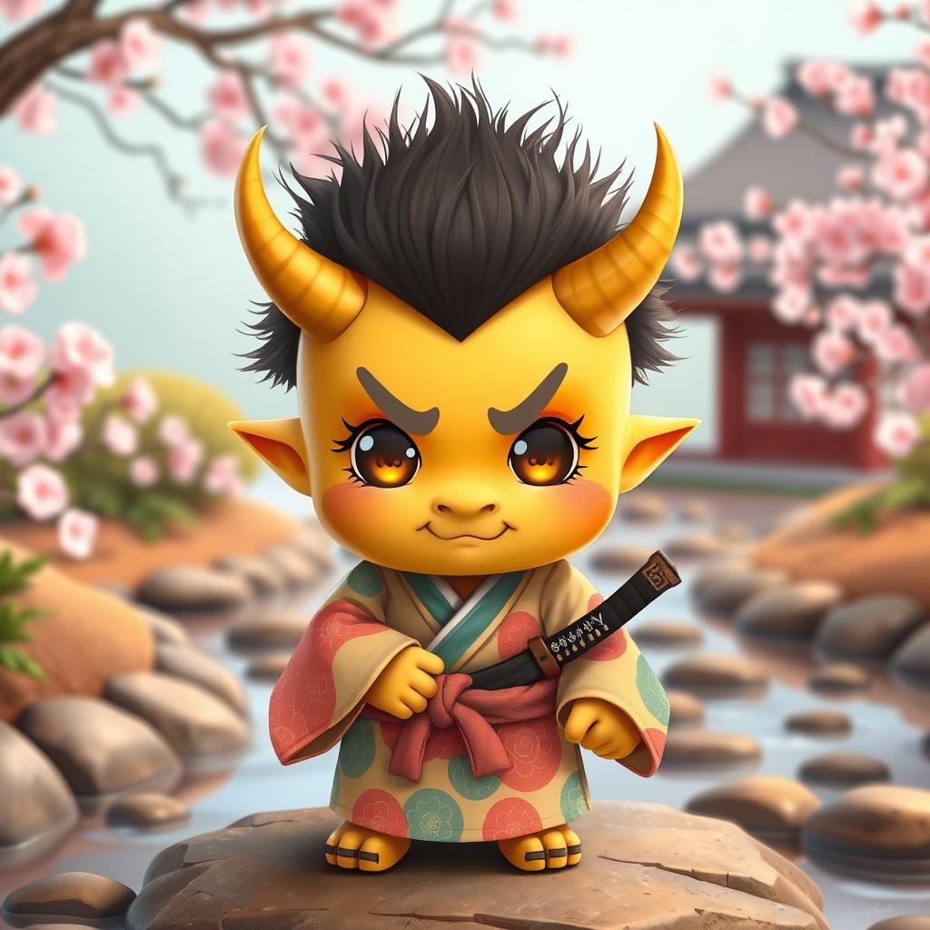 A charming little yellow oni (Japanese demon) with a small stature and an endearing expression