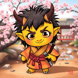 A charming little yellow oni (Japanese demon) with a small stature and an endearing expression