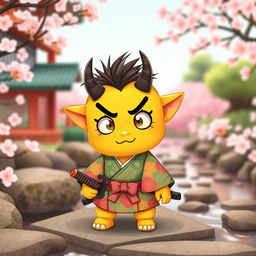 A charming little yellow oni (Japanese demon) with a small stature and an endearing expression